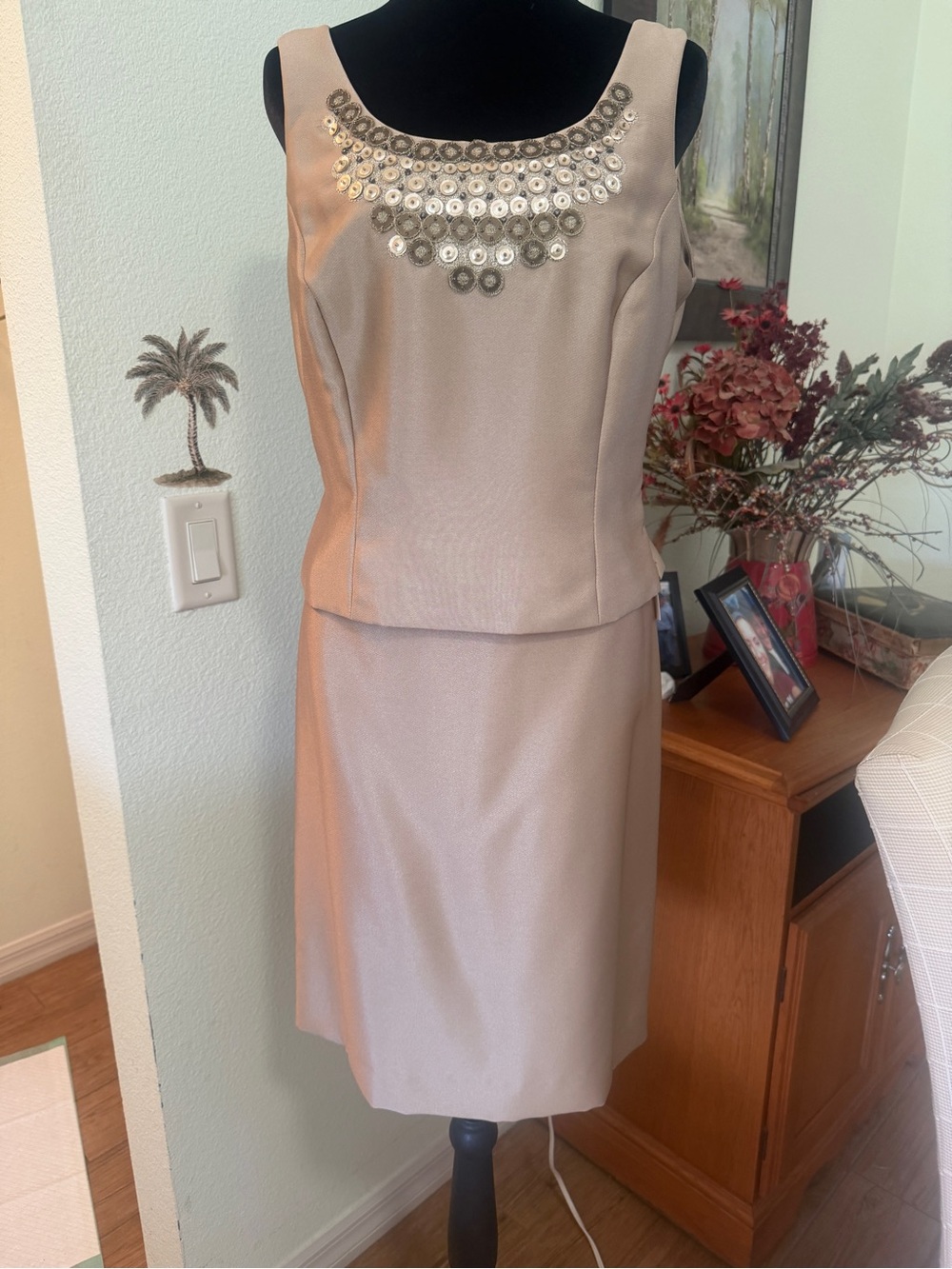 Tahari Champagne Sleeveless Beaded Neckline Sheath 2 piece Dress